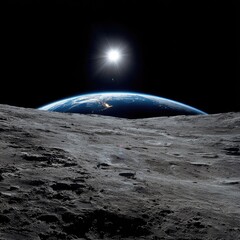 Earth rising above lunar surface