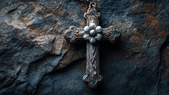 Spirit Week. Holy Week Concept with Orthodox Cross on Dark Stone Background