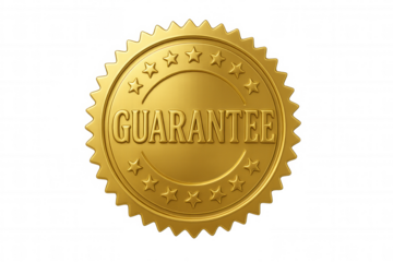 Golden guarantee seal badge with stars, ensuring quality, trust, and customer satisfaction on transparent background
