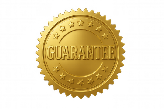 Golden guarantee seal badge with stars, ensuring quality, trust, and customer satisfaction on transparent background
