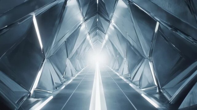 Geometric corridor with a bright light at the end. Angular walls and floor with reflective surfaces
