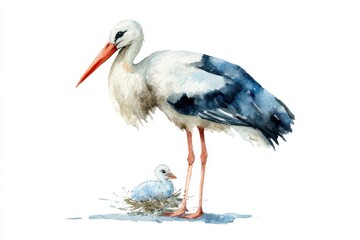 Stork Watercolor. Hand-drawn Illustration of Stork with Baby in Flight Over Sky