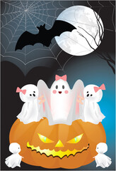 Funny Halloween composition with ghosts and pumpkins