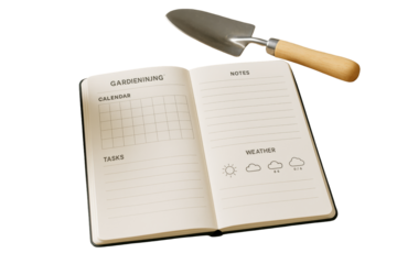 Open gardening planner notebook with calendar, tasks, notes, and weather icons beside a garden shovel, isolated on clean white background. Ai generative
