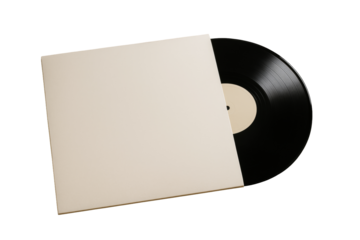 Black vinyl record in beige sleeve isolated on white background, clean minimalist layout template for music branding or album cover design. Ai generative