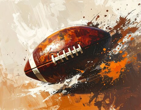 Dynamic painting of a brown football with white stripes, surrounded by abstract paint splashes in earth tones - Powered by Adobe