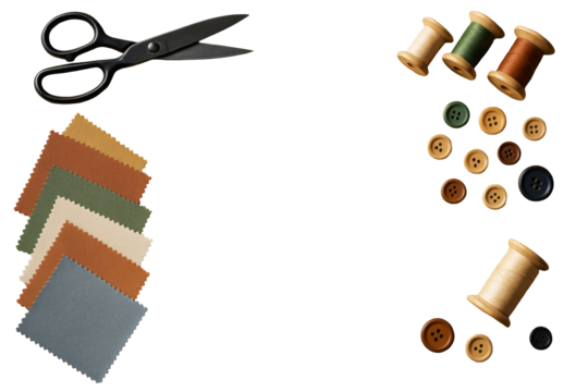 Sewing scissors, fabric swatches, thread spools, and buttons isolated on clean white background, concept of tailoring and textile design. Ai generative