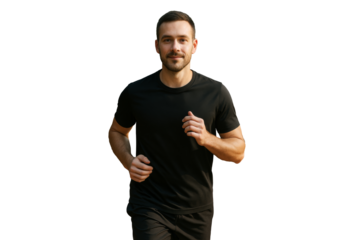 Fit man running in black activewear, isolated style on white background, concept of health, energy and exercise, clean element. Ai generative