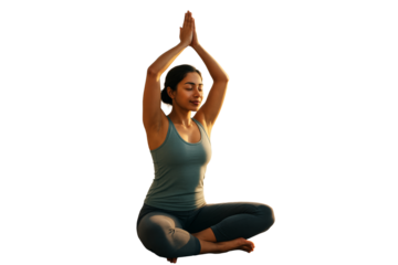 Young woman meditating in seated yoga pose with hands raised, isolated on white background, symbolizing mindfulness and inner peace. Ai generative