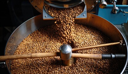 Coffee beans pouring into a large roaster