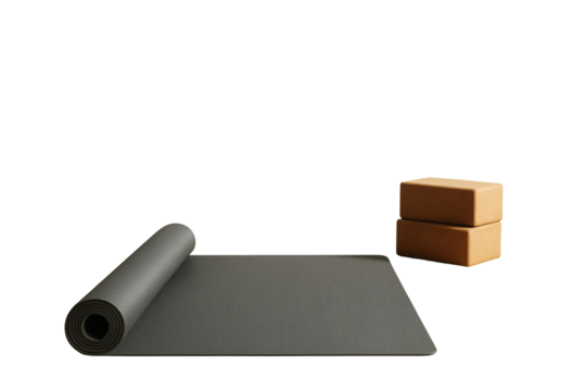 Black yoga mat partially unrolled with two cork yoga blocks, isolated on white background, clean layout for wellness or fitness product concept. Ai generative