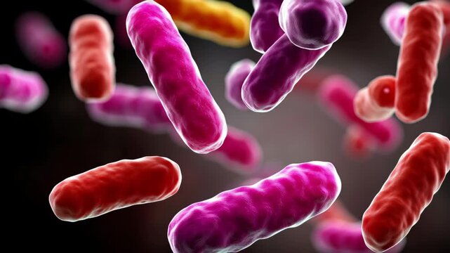 Bunch of pink and red bacteria are flying through the air. The bacteria are in different colors, including red, pink, and yellow