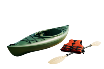 Green kayak with paddle and orange life jacket, isolated on white background, closeup layout of essential water sports gear. Ai generative