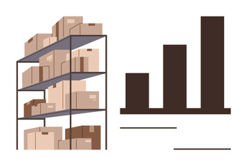 Metal shelves filled with boxes of different sizes alongside a bar chart. Ideal for logistics, inventory management, data analysis, supply chain, e-commerce, business growth, storage planning. Simple