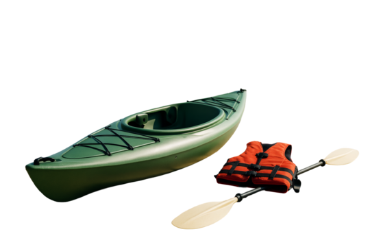 Green kayak with paddle and orange life jacket, isolated on white background, closeup layout of essential water sports gear. Ai generative