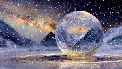 Crystal sphere reflecting snowy mountain range under a starry sky