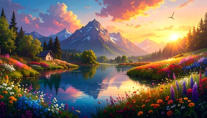 Serene Mountain Lake at Sunset - A Vibrant Landscape Painting.