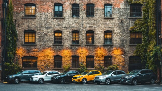 SUV Lot. Row of Cars on Parking with Building and Windows in Transportation Business Area