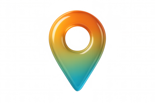 3d map pin icon showing gradient orange to blue color shift, representing location, destination, and navigation