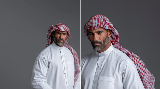 Arab man in traditional Saudi white thobe and red shemagh confidently posing with laptop and smartphone, blending cultural heritage with modern technology and lifestyle elegance