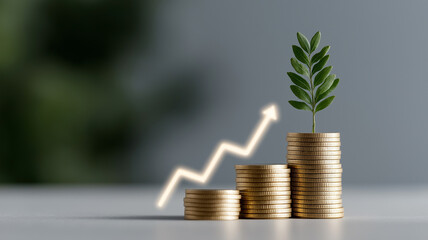 Financial growth illustration showing golden coins, tree of prosperity, and ascending golden arrow with data overlays representing business success and rising interest rates