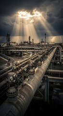 Industrial Pipeline Network Under Dramatic Sky.
