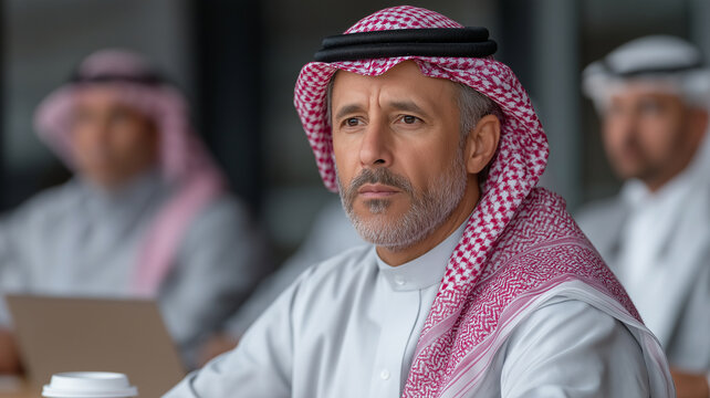 Middle Eastern corporate culture concept with Arab executives in traditional attire discussing strategy in a contemporary office boardroom with collaboration and authority