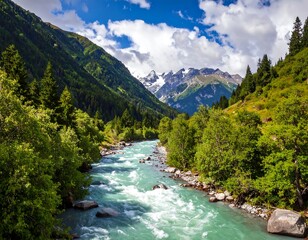 Turquoise river flows through a verdant mountain valley under a blue, partly cloudy sky
