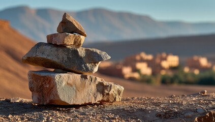 Stacked rocks on a desert hilltop, mountains and buildings in the background