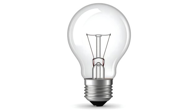 Lit clear lightbulb, silvery base, on white background. Filaments visible; casts soft shadow. Symbol of brilliance - Powered by Adobe