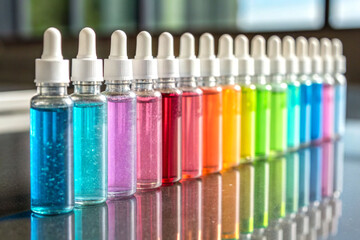 Colorful serum ampoules arranged in a row on reflective surface