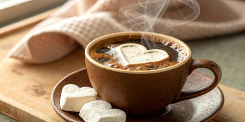 Cozy cup of coffee with heart shaped marshmallow froth warm inviting drink