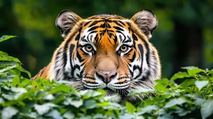 Obraz premium Majestic Tiger Approaching Through Lush Green Foliage in Natural Habitat, Close-Up Portrait of a Powerful Predator