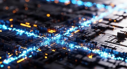 Abstract visualization of glowing blue and orange digital data streams flowing through a complex technological circuit board