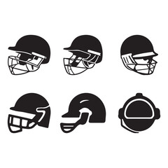 Set a simple black and white cricket helmet graphic. A bold, solid black silhouette of a cricket helmet, set against a plain white background. Cricket helmet outline vector and illustration line art.