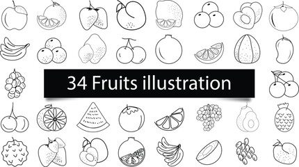 Fototapeta premium 34 Fruits Line Art Illustration Set - Food and Nature Outline Icons