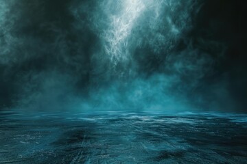 Fototapeta premium Empty concrete floor with turquoise fog covering the background, creating a mysterious and spooky atmosphere