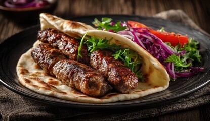 Grilled meat skewers on flatbread with salad