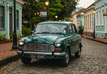 Fototapeta premium An iconic emerald green Hindustan Ambassador car, a timeless vintage design object, parked on a charming cobblestone street in a historic Indian town.
