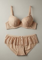 Beige Lace Lingerie Set, Elegant Undergarments.