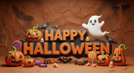 Happy halloween sign with pumpkins, ghosts, bats, and candy, set against a textured background