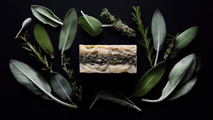 Natural soap surrounded by fresh herbs