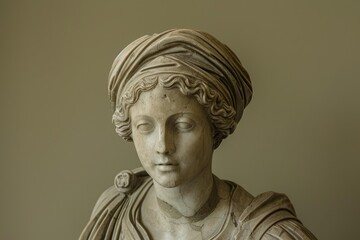 Ancient roman marble bust of young woman wearing turban, showcasing the artistry and craftsmanship of the era