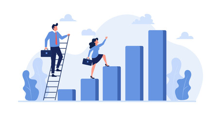 Business people raising the bar to improve performance, growth, and success in corporate progress concept vector illustration