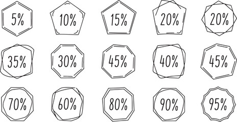 Collection of hand-drawn sketch coupon and ticket shapes featuring major percentage discounts