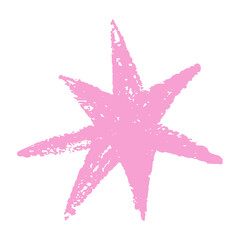 Pink hand drawn star with rough textured edges. Childish playful element in crayon style. Great for kids projects, stickers, festive cards, and holiday design Vector illustration