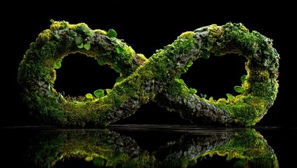 Infinity symbol formed by mossy,  wood rings on black background