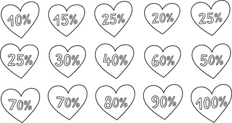 Collection of hand-drawn sketch coupon and ticket shapes featuring major percentage discounts