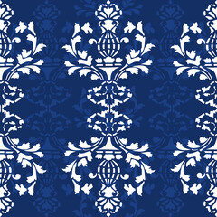 Elegant hand-drawn damask floral pattern in blue and white tones, perfect for luxury home decor, textile design, and wallpaper projects
