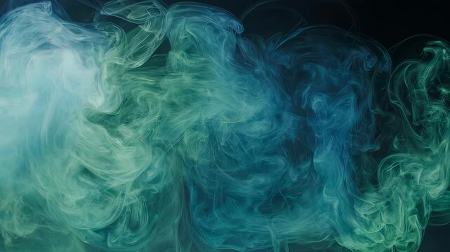 Abstract image depicts swirling, airy forms in gradients of teal and turquoise against a dark background